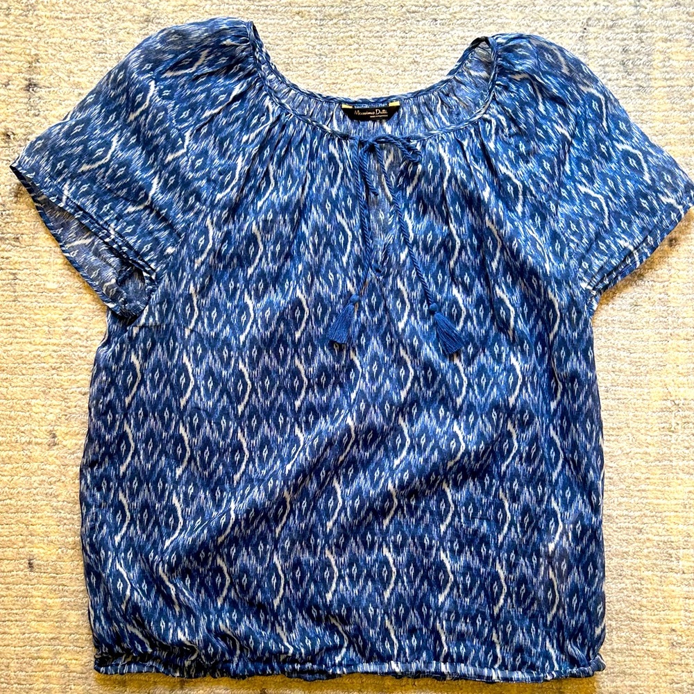 Massimo Dutti Blue Ikat Short Sleeve Blouse